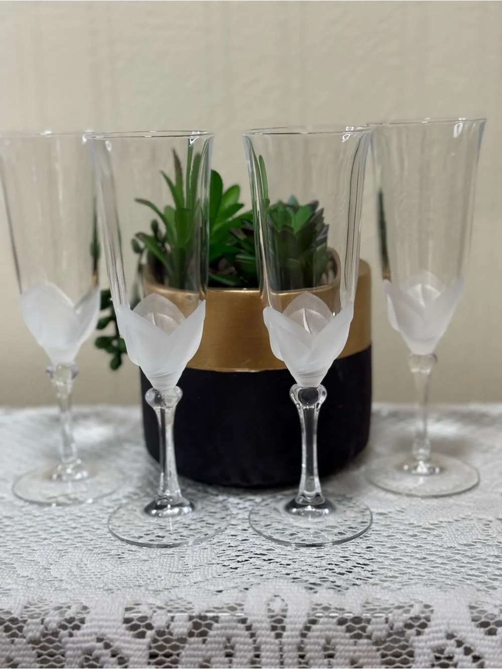 Crystal D'Arques FLORENCE Champagne Flutes Glass Blown Frosted Flower Barware  4
